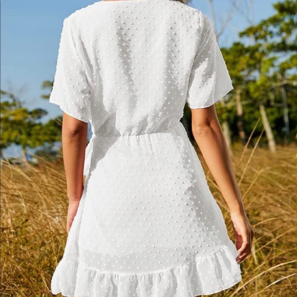 Women's Summer Jacquard Pom Crewneck RuffleMini Dress Elegant Tie Waist Short - Picture 5 of 6